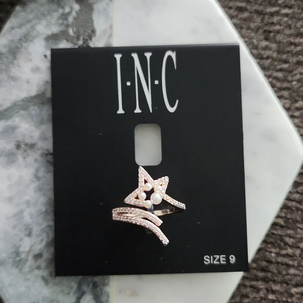 INC Rose Gold-Tone Pave & Imitation Pearl Shooting Star Open Ring